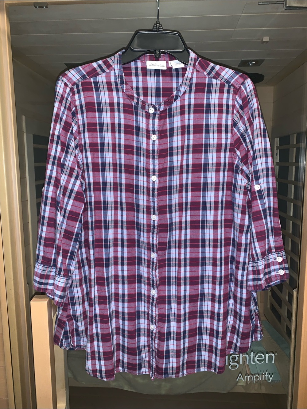 Women’s Plaid Button-Down Madras Shirt - Burgundy/White/Navy